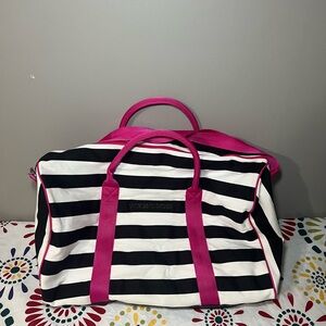 Victoria's Secret Black and White Striped Duffle Travel Bag with Pink Trim